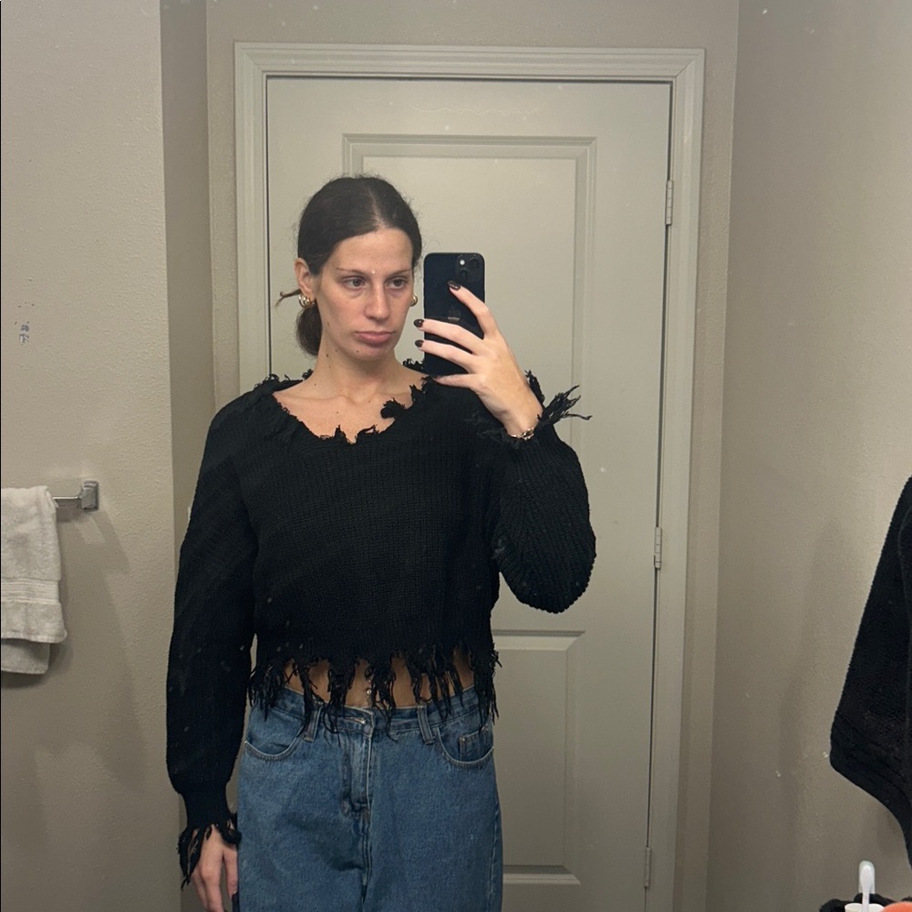 Cropped Chic Black Frayed Sweater